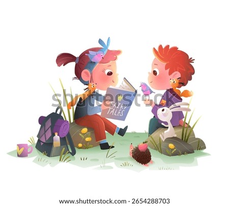 Kids and animals reading a book together in the forest. Boy, girl, bunny, squirrel, and birds enjoy a fairytale picnic in wilderness. A baby cartoon vector illustration of children story adventure