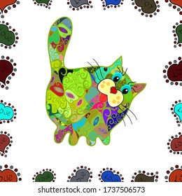 Kids animals series. Doodle Kitty. Stylish kitten. Tracing at blue colours. Seamless with cute fashion cats. Trendy illustration in sketch style t-shirt print, cards, poster. Funny character. Vector.