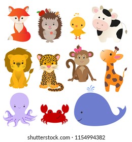 Kids animals set, cute collection flat cartoon design, no outline, little fox, hedgehog, bird, cow, lion, cheetah, monkey, giraffe, octopus, crab, whale, for baby children print, game, card, app.  