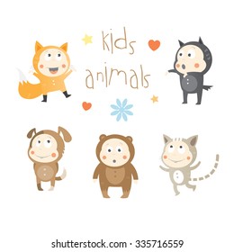 Kids animals set. Vector image. Fox, wolf, dog, cat and bear.