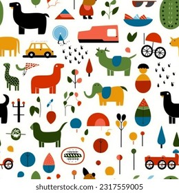 Kids Animals and Toys Abstract Wallpaper or Background Vector Seamless Pattern