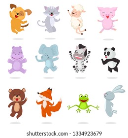 Kids Animals Vector Cartoon Animalistic Characters Dog Cat Baby Piglet Little Panda Illustration Set Of Bunny Jumping Fox Happy Bear Child Isolated On White Background