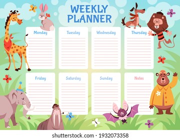 Kids animals weekly planner. School student schedule with wild fauna design, children to do list with rabbit elephant and lion. Simple life planners daily routine organization vector cartoon concept