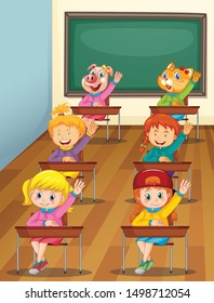 Kids and aninals in class illustration