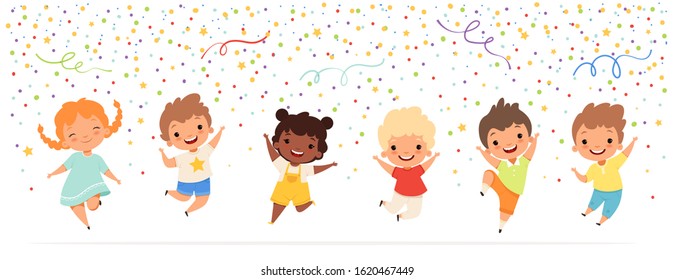 Kids anniversary. Happy childrens jumping in confetti stars celebration fun party time vector teenagers characters