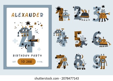 Kids anniversary numbers. Birthday party decor, cute robots, boys theme design cards, toys with big numerals, funny childish invitations and greeting, vector cartoon flat