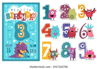 Kids anniversary numbers. Children birthday party greeting card template, invitation poster with colored cartoon numbers, bright funny monsters aliens and creatures collection. Vector isolated set