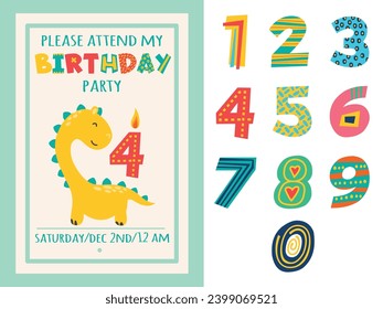 Kids anniversary numbers. Funny font design. Cute animal with candle in shape of four. Birthday card. Little dinosaur. Holiday invitation. Patterned alphabet symbols svg