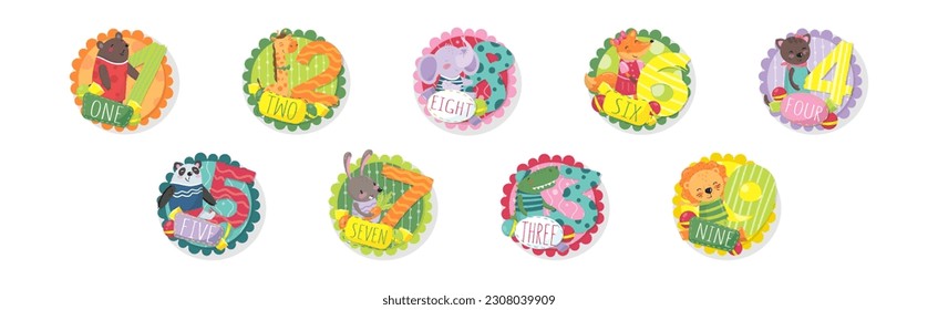 Kids Anniversary Numbers Round Sticker with Animal Vector Set