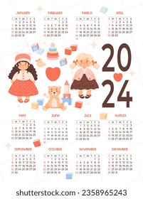 Kids annual calendar 2024 Cute Children toys, girl doll, plush toys in cartoon style on white background. Vector vertical template 12 months in English. Week on Sunday. Stationery, print, organizer