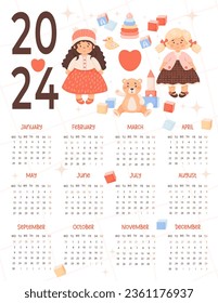 Kids annual calendar 2024 Cute Children toys, girl doll, plush toys in cartoon style. Vector vertical template 12 months in English. Week starts on Monday. Stationery, printing, organizer