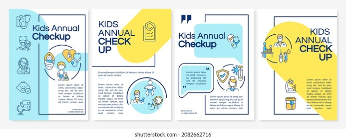 Kids annual checkup blue and yellow brochure template. Flyer, booklet, leaflet print, cover design with linear icons. Vector layouts for presentation, annual reports, advertisement pages