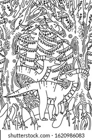 Kids antistress zentangle coloring book with dinosaurs of the Mesozoic era, developing intelligence, knowledge and fine motor skills in children. Dino poster stock vector illustration.