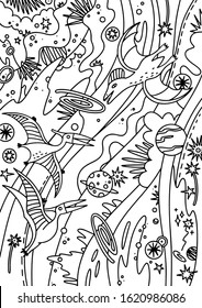 Kids antistress zentangle coloring book with dinosaurs of the Mesozoic era, developing intelligence, knowledge and fine motor skills in children. Dino poster stock vector illustration.