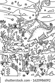 Kids antistress zentangle coloring book with dinosaurs of the Mesozoic era, developing intelligence, knowledge and fine motor skills in children. Dino poster stock vector illustration.