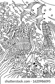 Kids antistress zentangle coloring book with dinosaurs of the Mesozoic era, developing intelligence, knowledge and fine motor skills in children. Dino poster stock vector illustration.