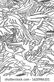 Kids antistress zentangle coloring book with dinosaurs of the Mesozoic era, developing intelligence, knowledge and fine motor skills in children. Dino poster stock vector illustration.