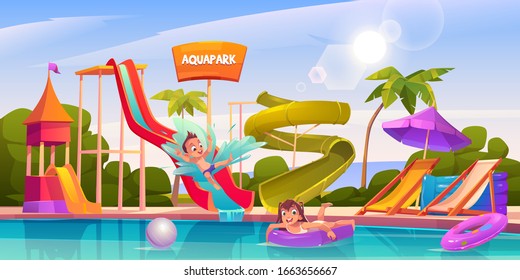 Kids In Aquapark, Amusement Aqua Park With Water Attractions, Boy Riding Slide, Girl Swimming In Pool On Inflatable Ring, Outdoor Playground For Children Entertainment, Cartoon Vector Illustration