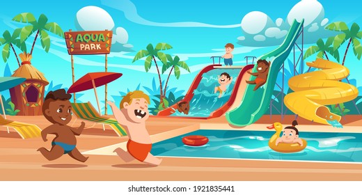 Kids in aquapark, amusement aqua park with water attractions, boys riding slide, girl swimming in pool on inflatable ring, outdoor playground for children entertainment, Cartoon vector illustration