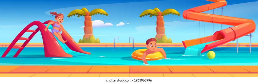 Kids in aquapark, amusement aqua park with water attractions, girl riding slide, boy swimming in pool on inflatable ring, outdoor playground for children entertainment, Cartoon vector illustration