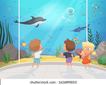 Kids in aquarium. Childrens with teacher in big water museum underwater different fishes ocean fauna happy people vector background