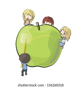 Kids around apple. Vector design 