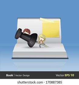 Kids around black pushpin on empty book. Vector design 