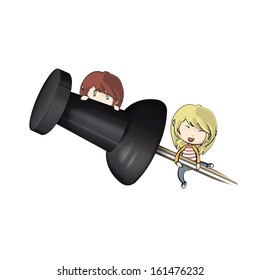 Kids around black pushpin. Vector design 