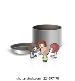 Kids around box. Vector design