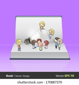 Kids around bulb on empty book. Vector design 