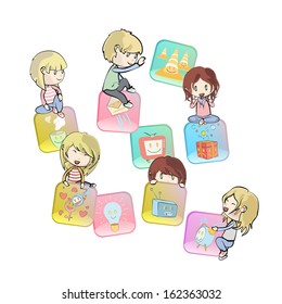 Kids around colorful icons. Vector background design. 