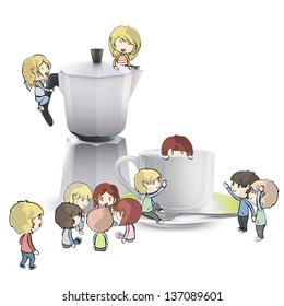 Kids around cup of coffee, and coffee pot. Vector design