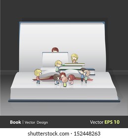 Kinder um leere Bücher in offenen großen Büchern. Vektordesign. 