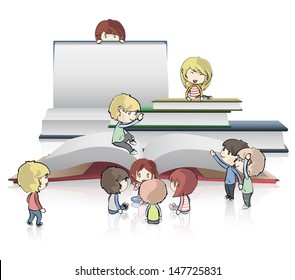 Kids around empty books. Vector design