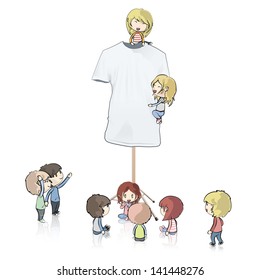 Kids around empty white shirt. Vector illustration.