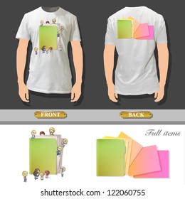 Kids around the folder printed on white shirt. Vector design.