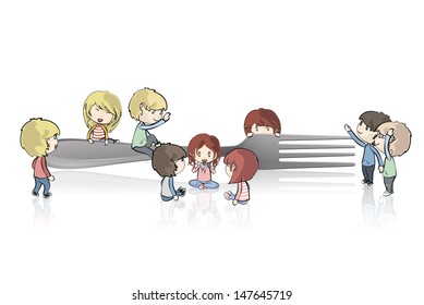 Kids around fork. Vector design