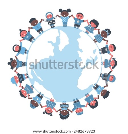 Kids around the Globe. Multicultural group of Children holding hands, stand around the Planet Earth. Happy Baby Girls, Baby Boys. International Children's Day. Earth Day. Vector illustration