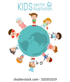 kids around the globe on a white background, vector illustration of kids around earth,  kids friends from around the world,Multinational friendship of children from around the world