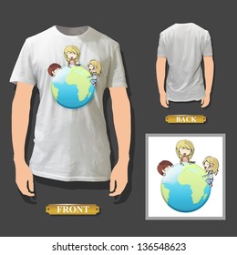 Kids around globe printed on white shirt. Vector illustration.