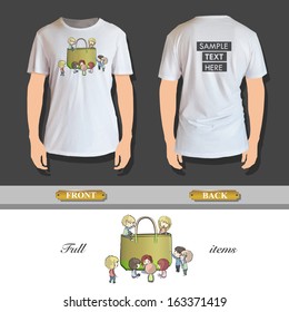 Kids around green bag printed on t-shirt. Vector design. 