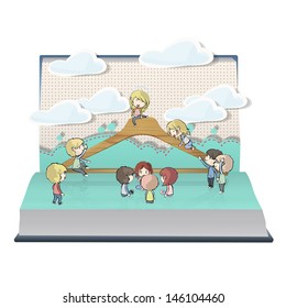 Kids around hanger on book. Vector design.