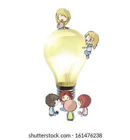 Kids around lightbulb. Realistic vector design. 