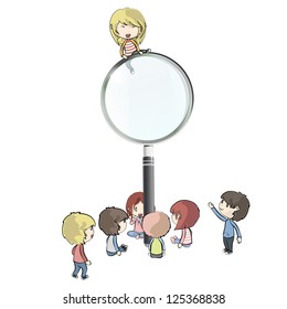Kids around magnifying glass. Vector design.
