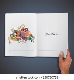 Kids around many gifts printed on book. Vector design.