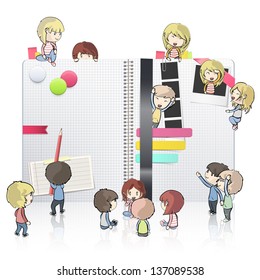 Kids around open white notebook with several elements inside. Vector design.