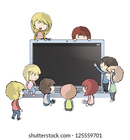Kids around PC. Vector design.