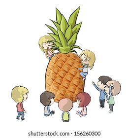 Kids around pineapple. Vector design 