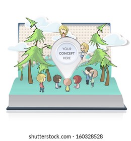  Kids around pointer on book. Vector design 