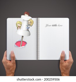 Kids around pushpin printed on book